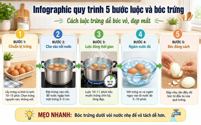 Cách luộc trứng dễ bóc vỏ gồm năm bước cơ bản: chuẩn bị trứng, đun nước, canh thời gian, ngâm nước đá và bóc đúng kỹ thuật.